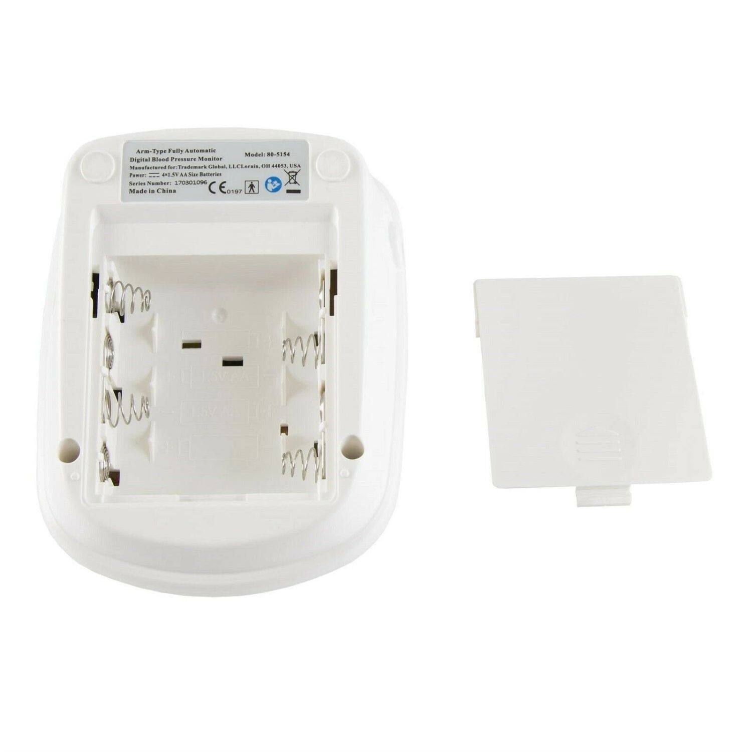 Arm-Type Fully Automatic Digital Blood Pressure Monitor  
Model: B8-5154  
Manufactured for Trademarks Global LLC/Clearance, OH 44688 USA  
Serial Number: 170501096  
Made in China  
CE 0197