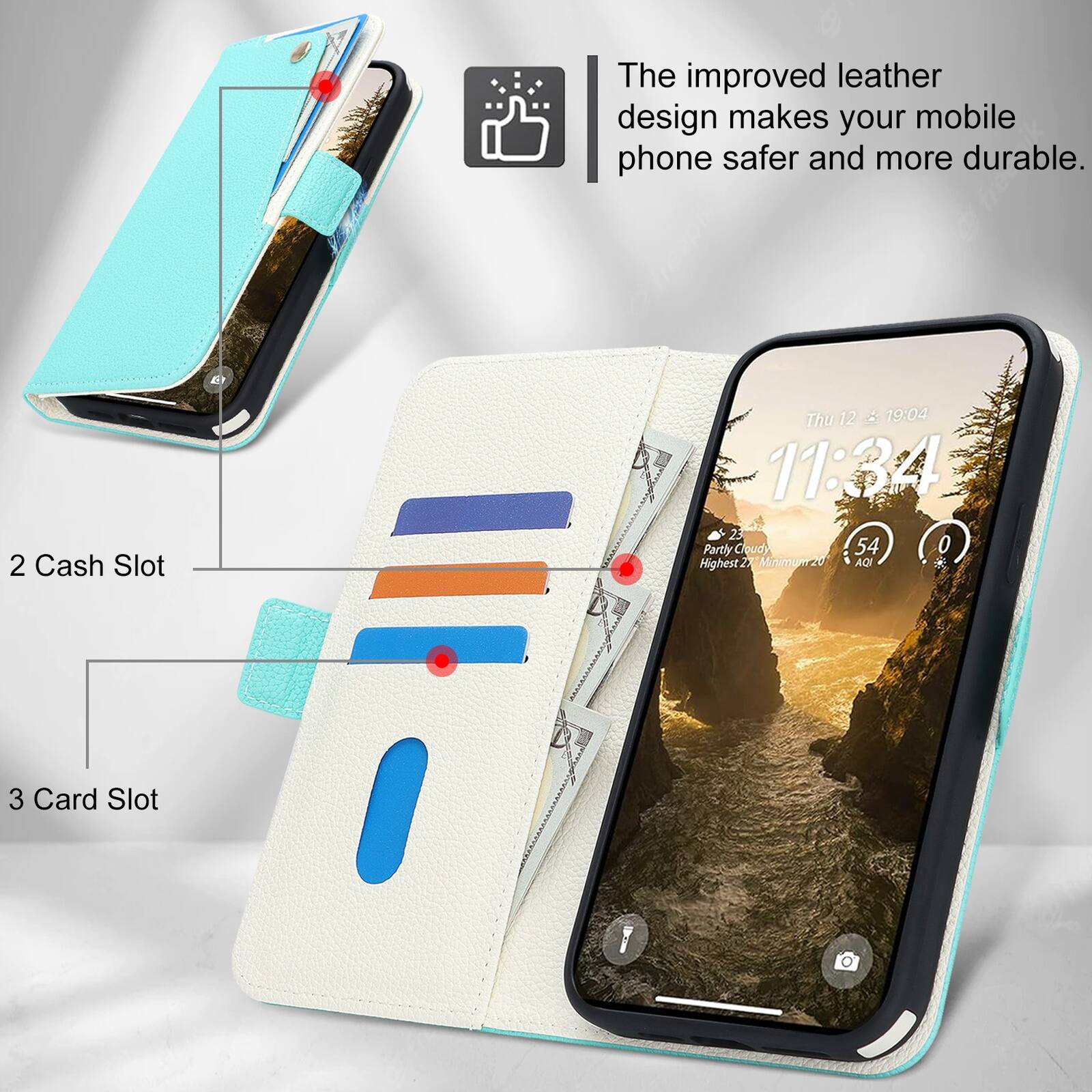 The improved leather design makes your mobile phone safer and more durable.  
2 Cash Slot  
3 Card Slot