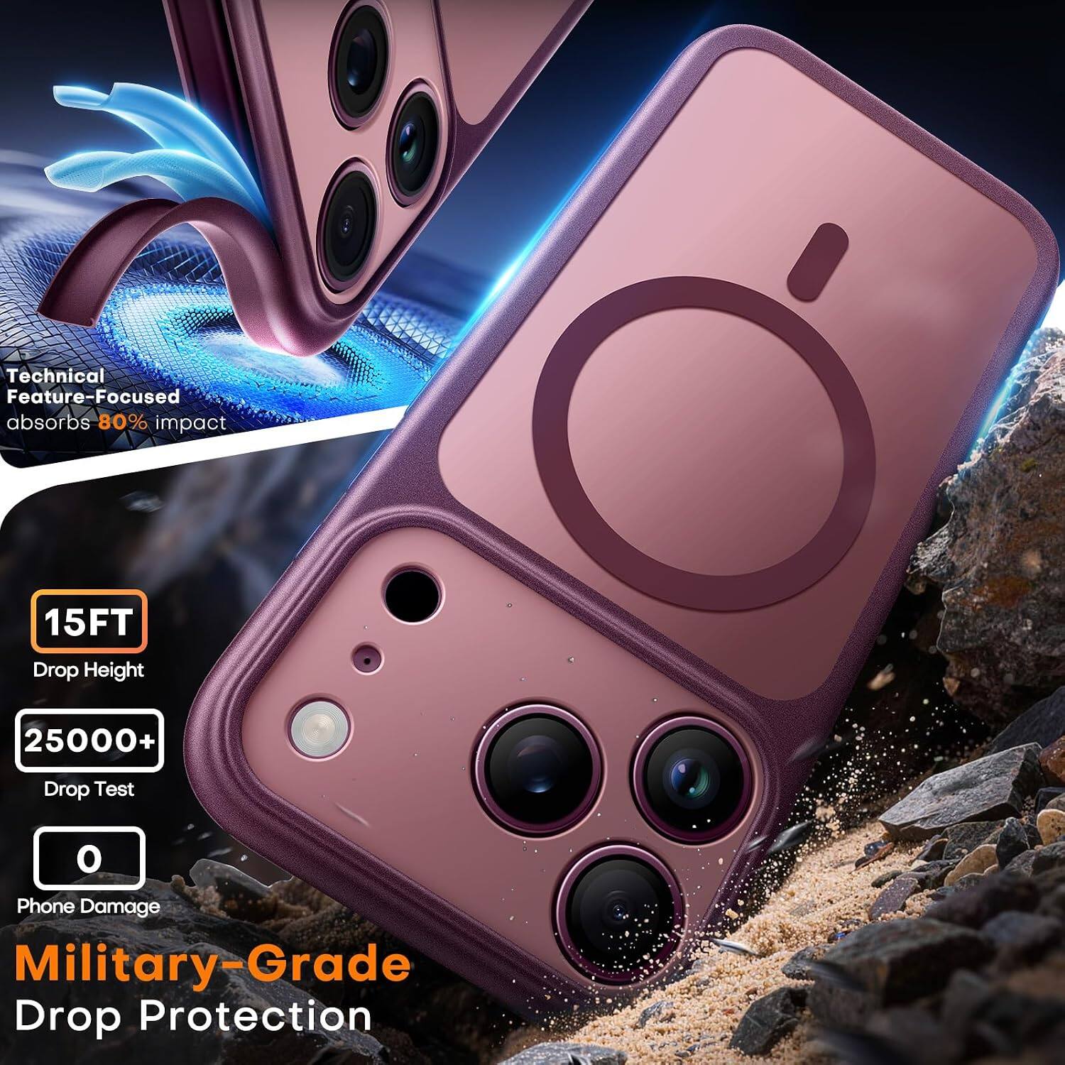 Technical Feature-Focused absorbs 80% impact

15FT
Drop Height

25000+
Drop Test

0
Phone Damage

Military-Grade Drop Protection