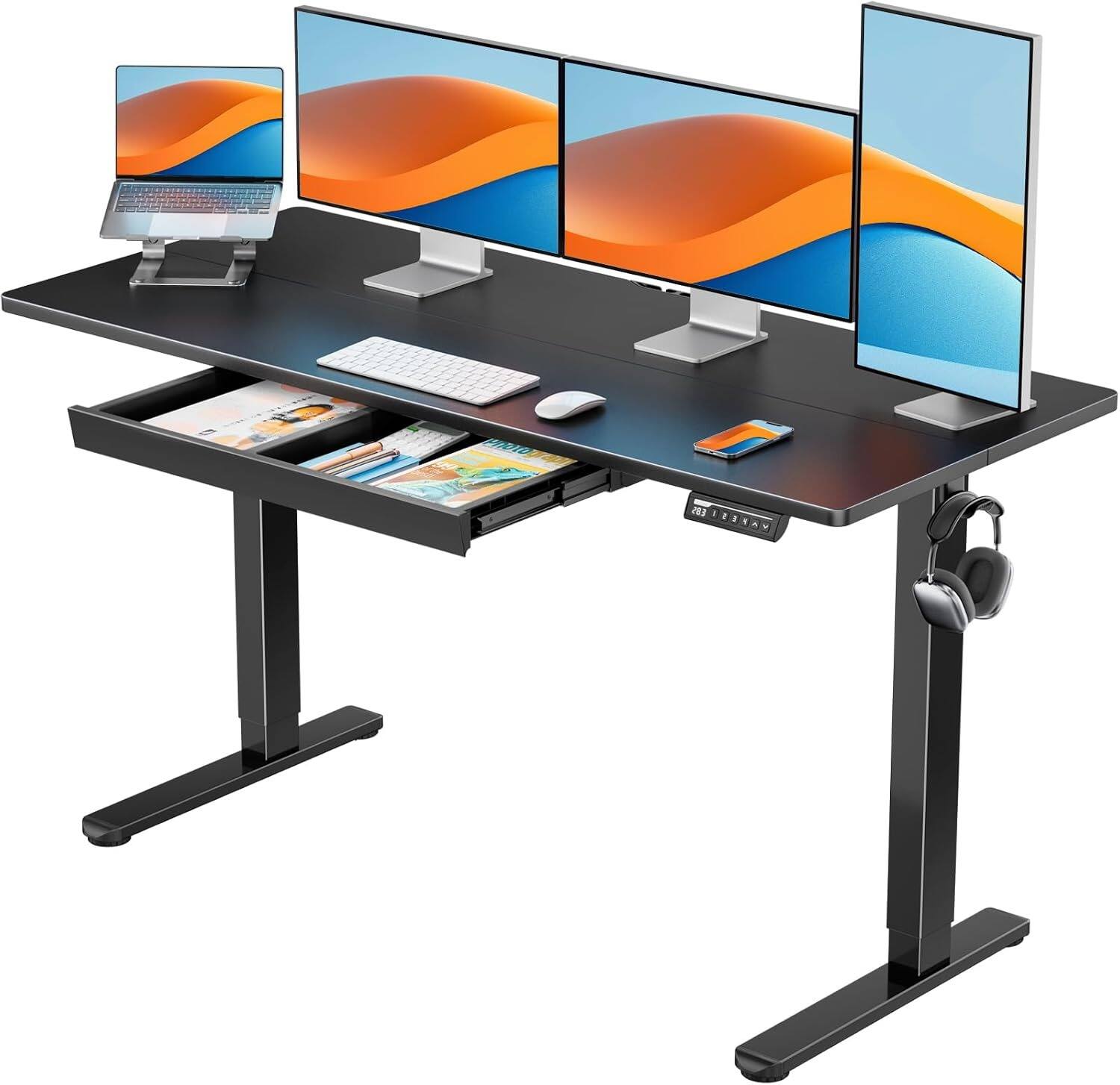Front. Ergear - 55×24 Inch Electric Standing Desk with Drawer, Height Adjustable Ergonomic Computer Table with 4 Preset Heights & Splice - Black.