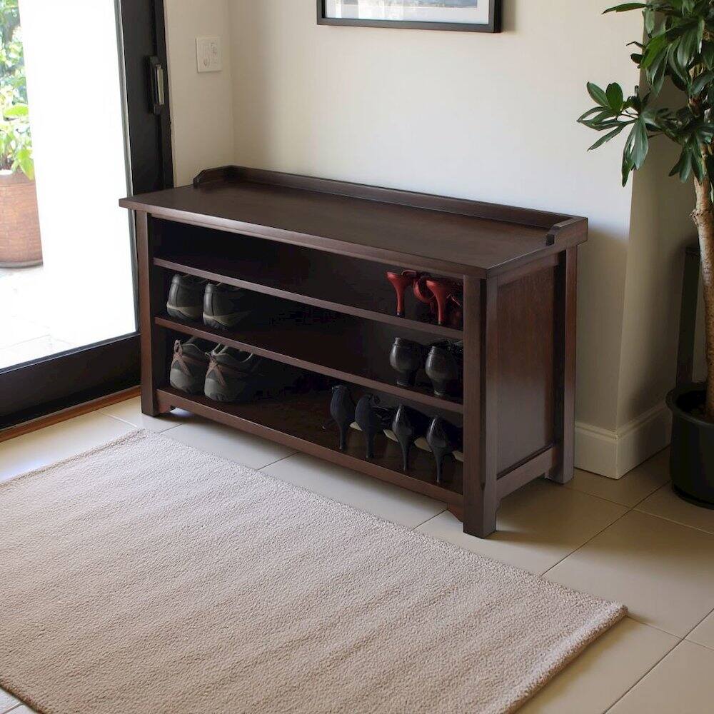 Back. FurniFact - Antique Walnut Entryway Bench with Shoe Storage – Compact & Functional - Walnut.