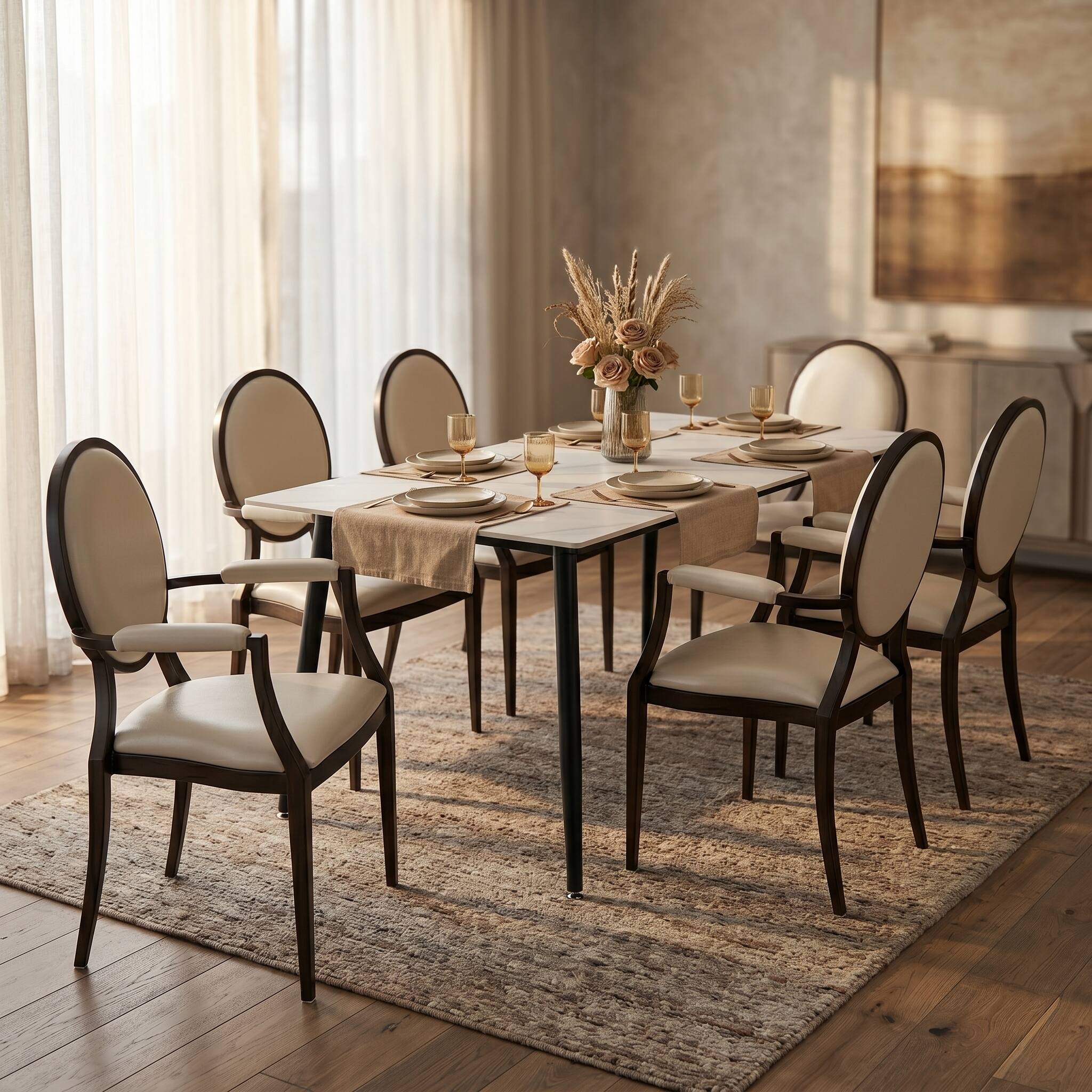 Left. LeisureMod - Flaco Modern Oval Back Leather Dining Armchair with Wood Grain Aluminum Legs (Fully Assembled) - Pearl White.