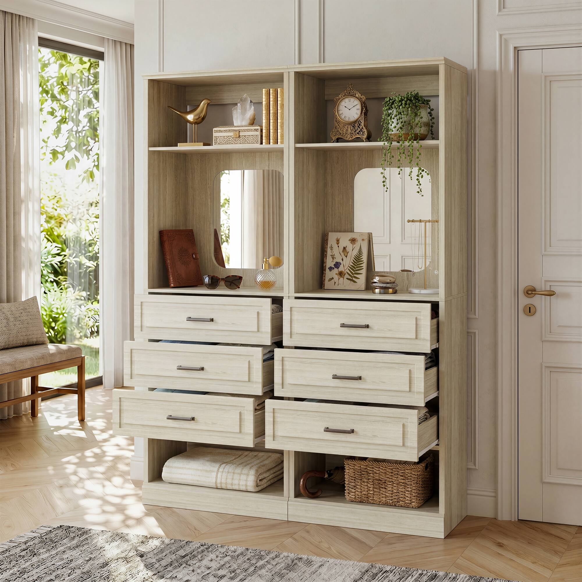 Alt View 2. Aheaplus - 25'' Upgraded Style Walk-in Closet Organizer with 3 Drawers and Mirror - Beige Oak.