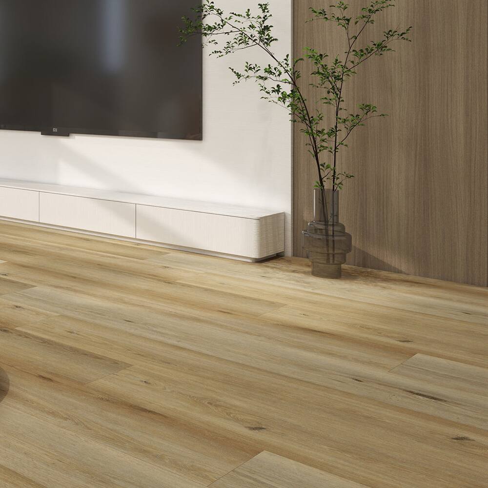 Angle. Dotfloor - 62.6"x9" SPC Composite Flooring; 5 Planks/Box (19.56 sq. ft/Box); 8mm Thick with ; 30 mil Wear Layer; - Sand Tan.