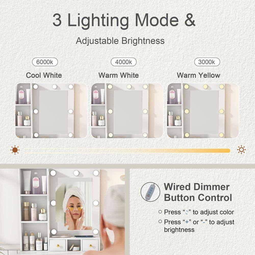 3 Lighting Mode & Adjustable Brightness

6000k Cool White  
4000k Warm White  
3000k Warm Yellow  

Wired Dimmer Button Control  
- Press "-" to adjust color  
- Press "+" or "-" to adjust brightness