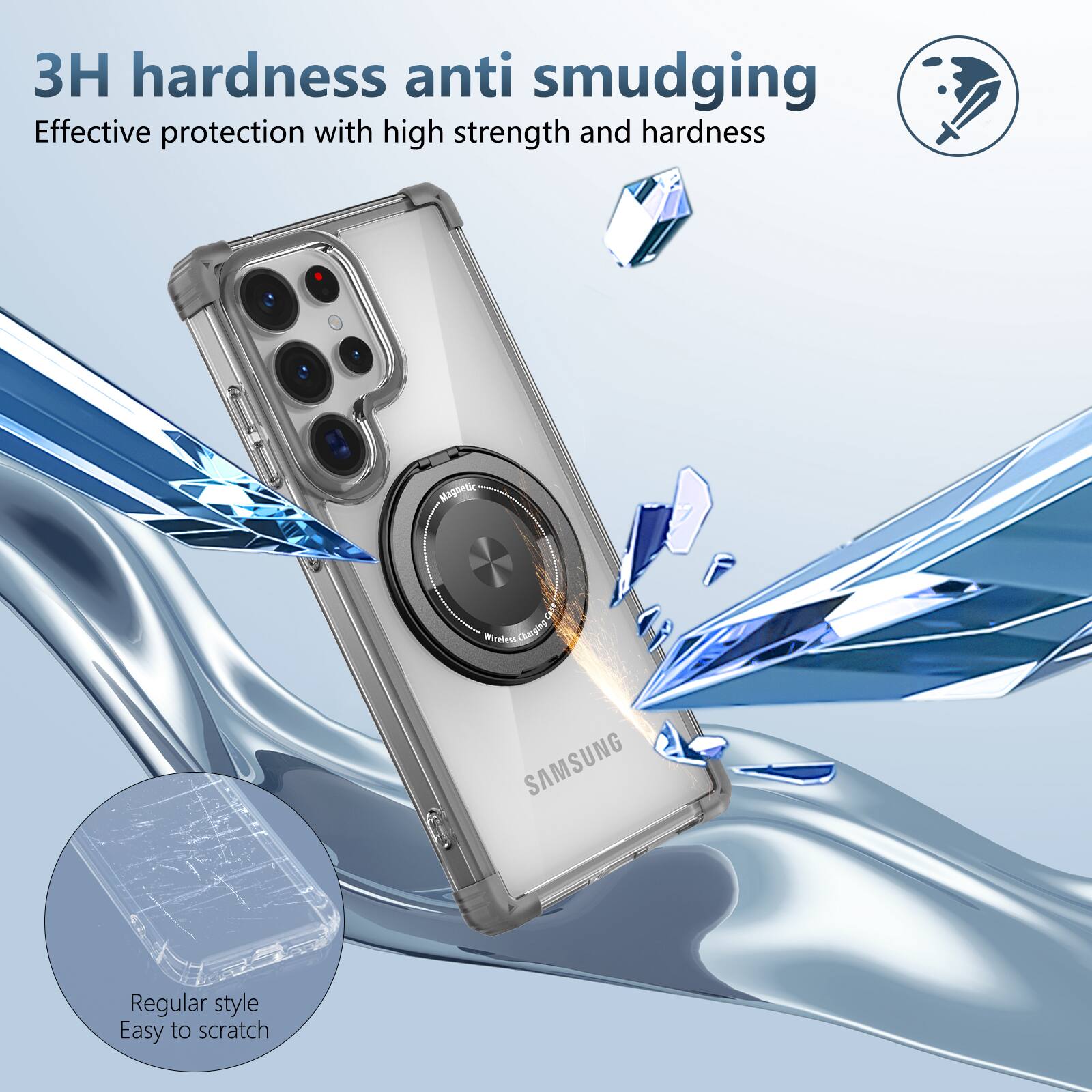 3H hardness anti smudging  
Effective protection with high strength and hardness  

Magnetic i WiteWES ChargleS  

SAMSUNG  

Regular style  
Easy to scratch