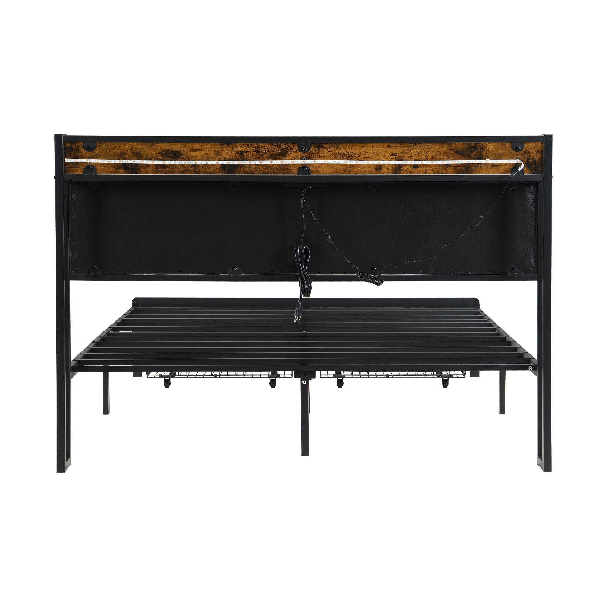 Alt View 4. GOODSILO - Modern Upholstered Full Bed Frame with LED Lighting, Storage Drawers, USB Charging Station, and Sturdy Metal Structure - Brown+Gray.