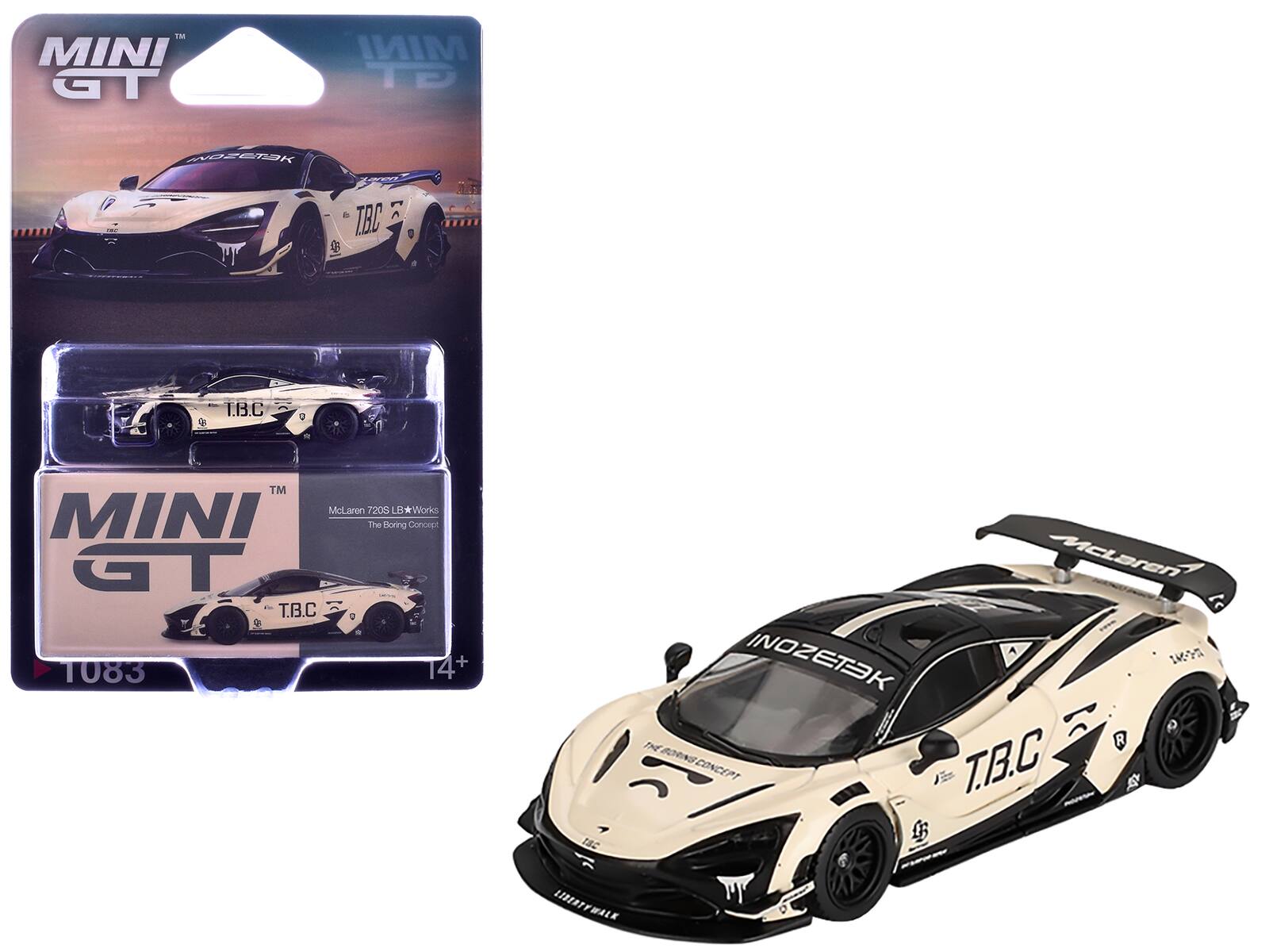 McLaren 720S LB-Works "The Boring Concept" Limited Edition 1/64 Diecast Model Car by Mini GT - Cream and Black