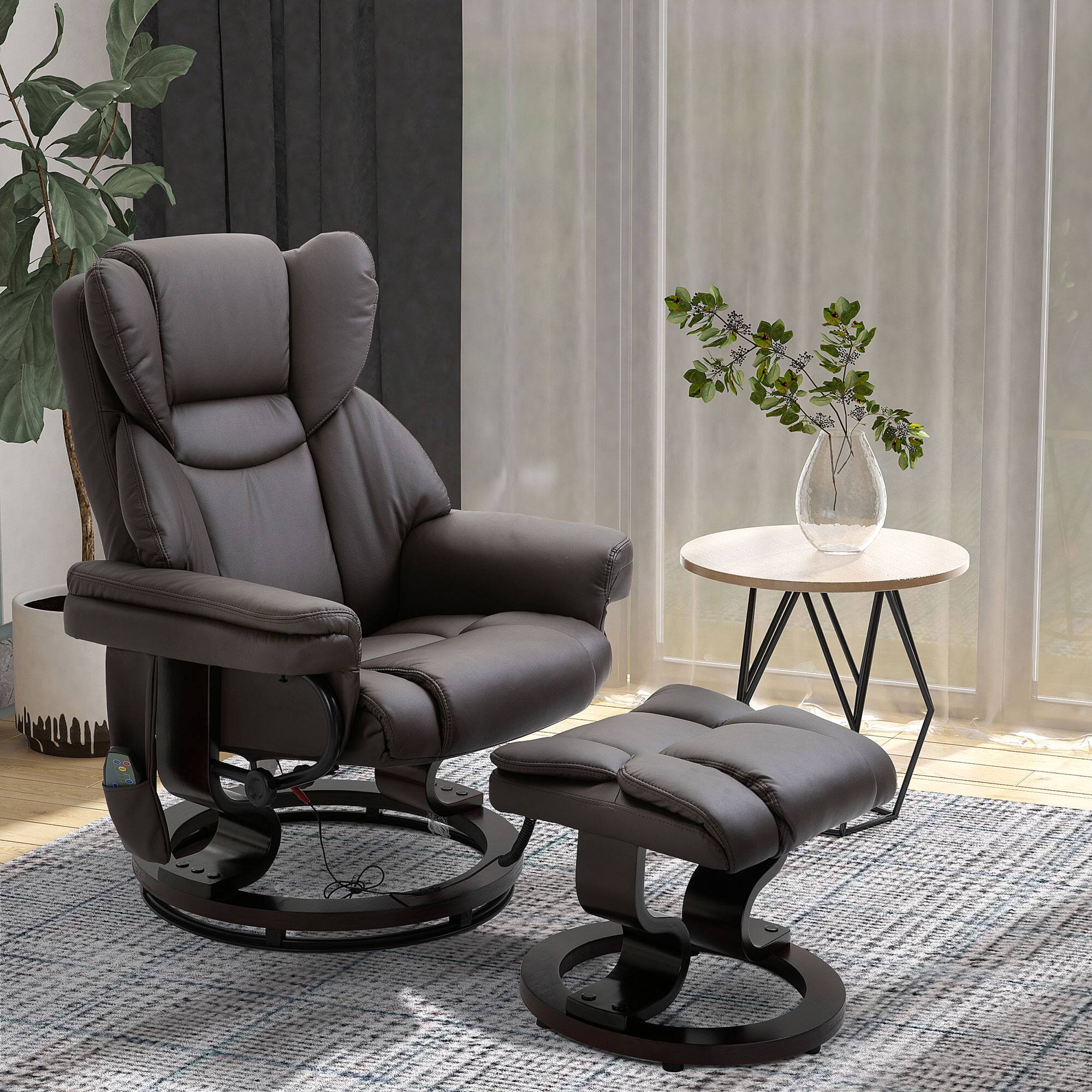 Alt View 1. Homcom - Massage Recliner Chair with Ottoman Footrest, 10 Vibration Points, 360° Swivel Reclining Chair, Faux Leather Living Room - Brown.