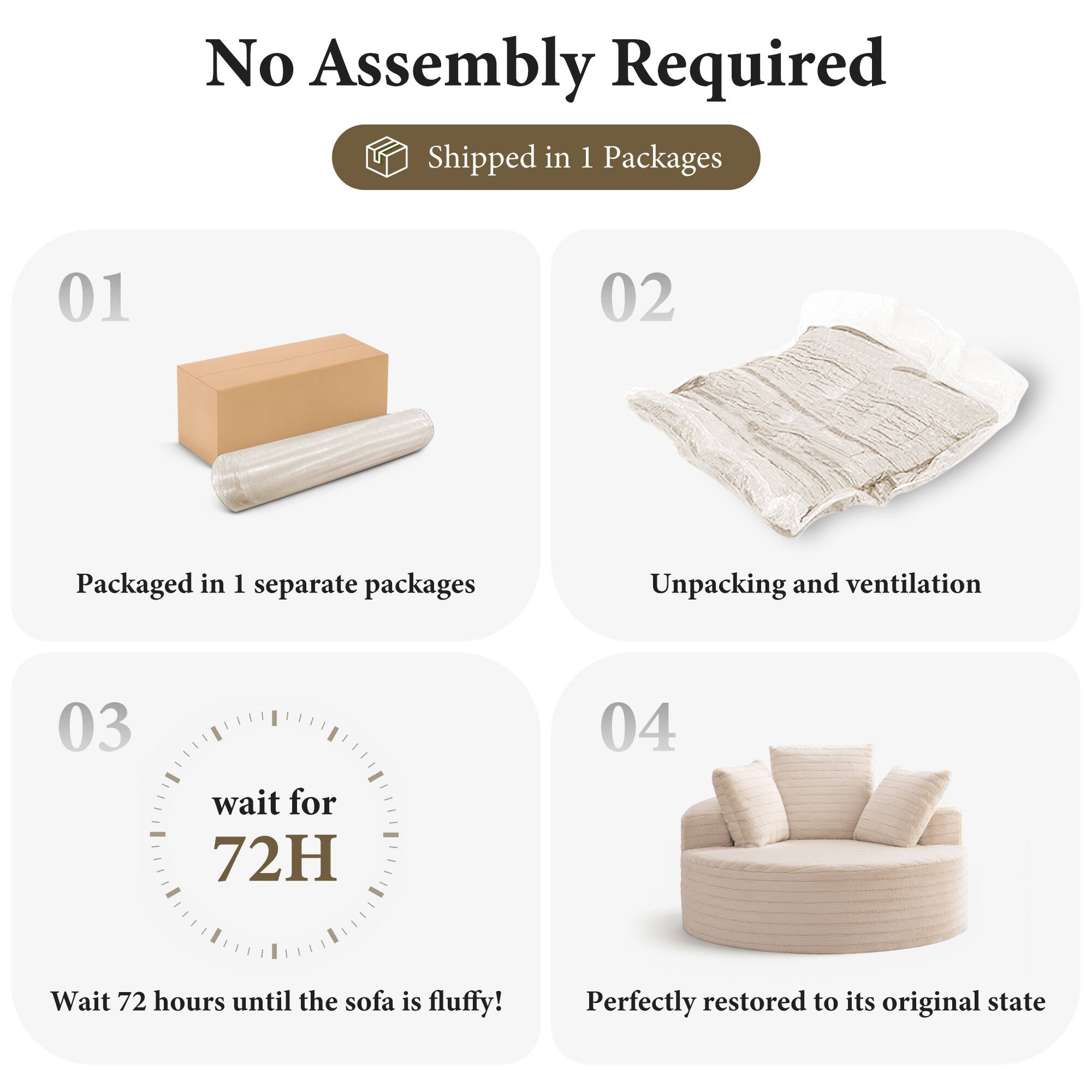 No Assembly Required  
Shipped in 1 Packages  

01  
Packaged in 1 separate packages  

02  
Unpacking and ventilation  

03  
wait for 72H  
Wait 72 hours until the sofa is fluffy!  

04  
Perfectly restored to its original state
