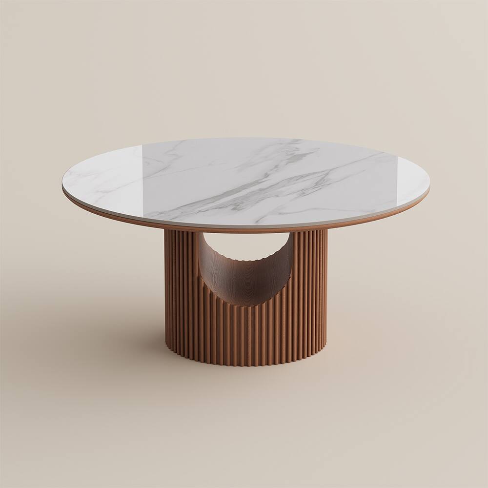 Alt View 7. POVISON - 59"Modern Round Wood Dining Table for 6,Walnut Color Solid Wood Dining Table,  Glossy White Sintered Stone Table - White.