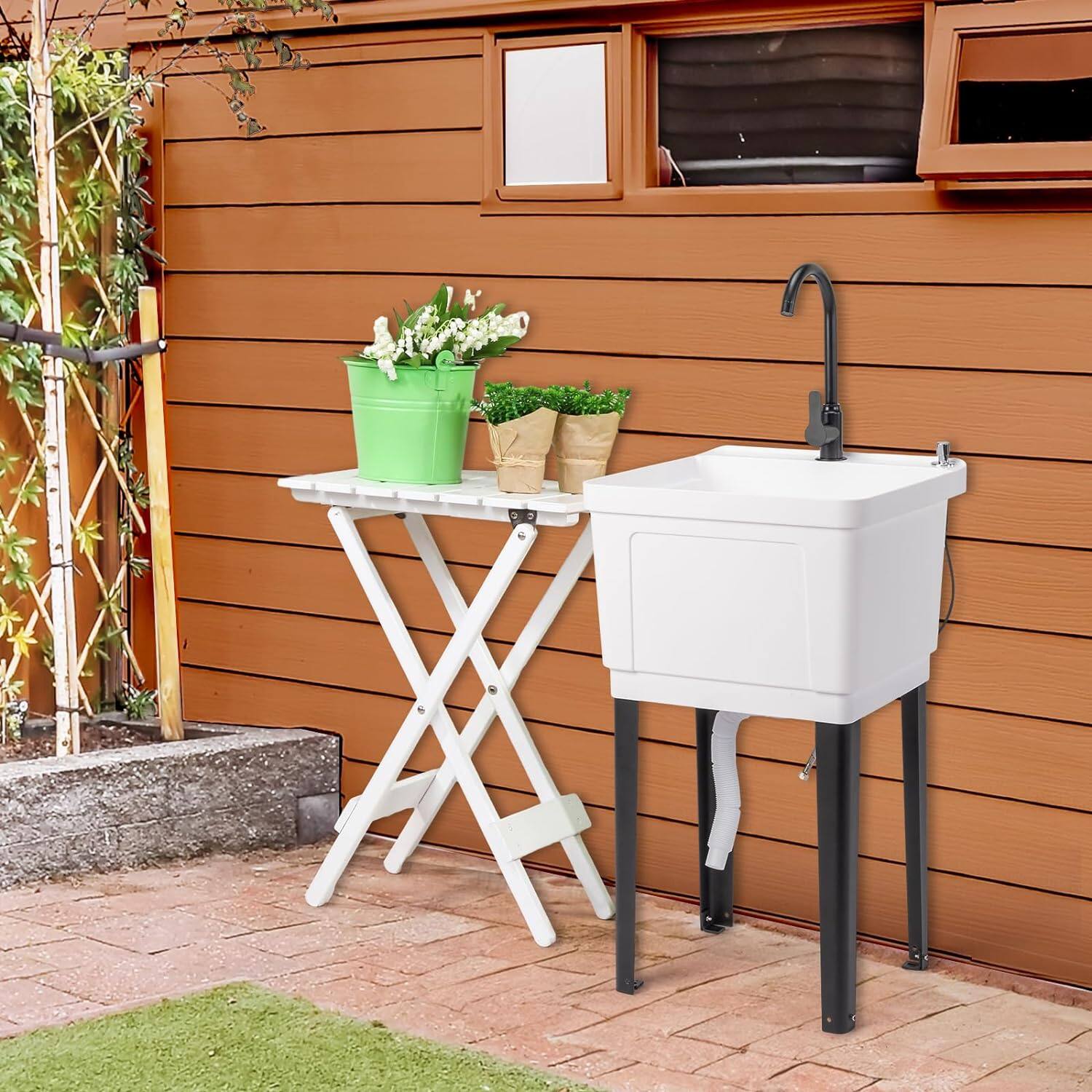Back. Winado - Freestanding Plastic Utility Sink Laundry Tub with Stainless Steel Hot & Cold Faucet, Soap Dispenser for Home Warehouses - White.