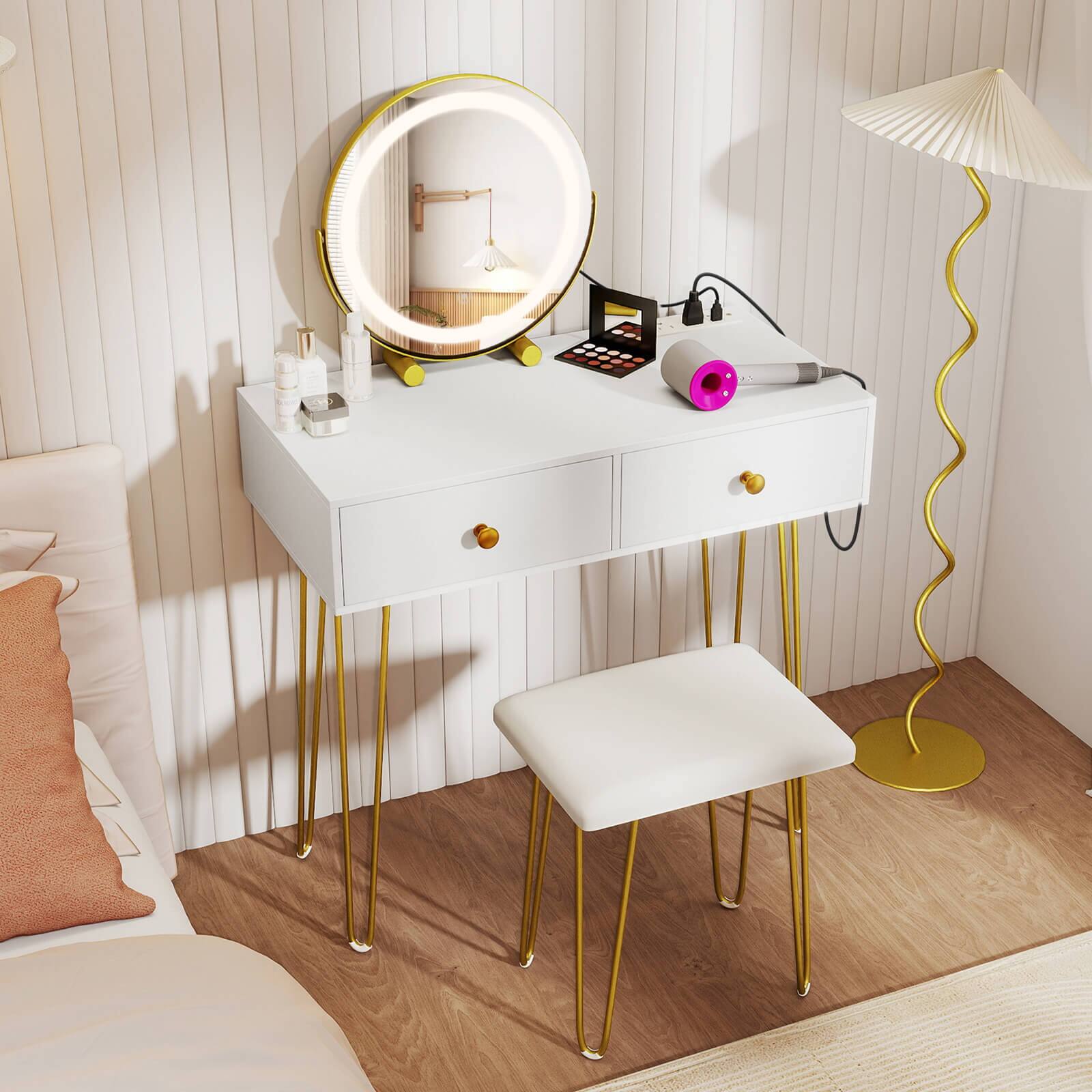 Alt View 3. Costway - Costway Vanity Desk with Mirror and Lights Lighted Adjustable Mirror 2 Drawers for Bedroom - White.