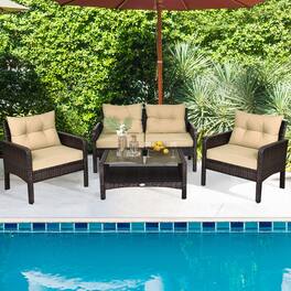Gymax - 4PCS Rattan Wicker Patio Conversation Set Cushioned Outdoor Furniture Set - Khaki