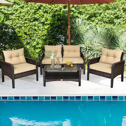 Front. Gymax - Gymax 4PCS Rattan Wicker Patio Conversation Set Cushioned Outdoor Furniture Set - Khaki.