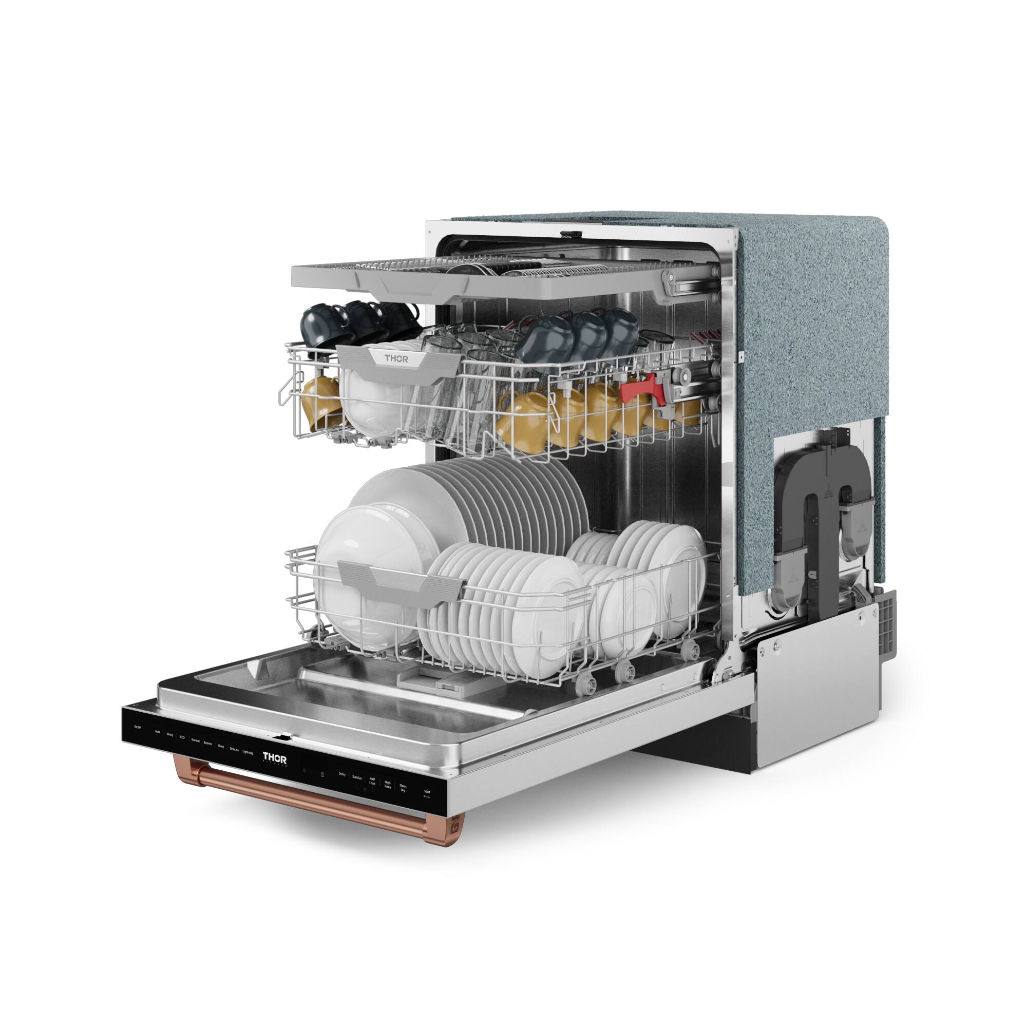 Thor is a brand of dishwashers, and the image shows a Thor dishwasher with its door open, revealing the interior and the dishes inside. The dishwasher is filled with various dishes, including cups, bowls, and bottles, all placed on the racks and ready to be washed.