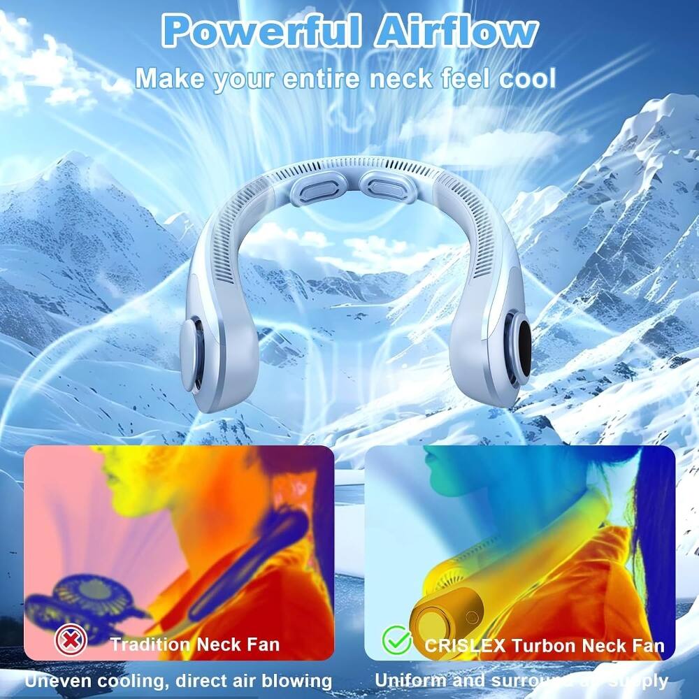 Powerful Airflow  
Make your entire neck feel cool  

Tradition Neck Fan  
Uneven cooling, direct air blowing  

CRISLEX Turbon Neck Fan  
Uniform and surround supply