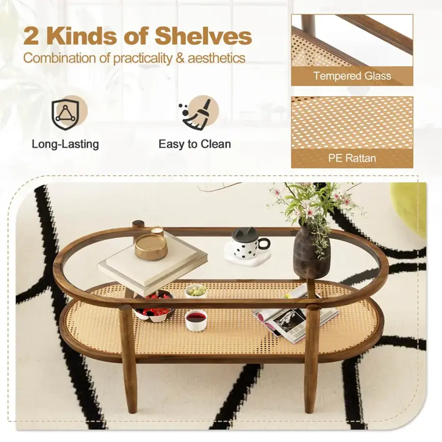 2 Kinds of Shelves: Combination of practicality & aesthetics, Tempered Glass, Long-Lasting, Easy to Clean, PE Rattan.