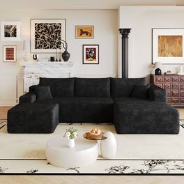 Meqiodas - Modular Sectional Sofa, L Shaped Could Couch with Ottoman, Wide Deep Seat Comfy Couch for Living Room, Bedroom - Black
