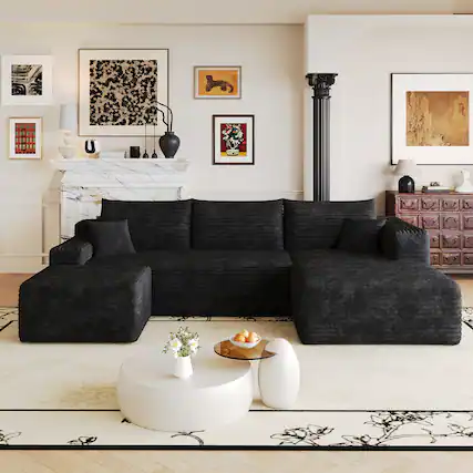 Front. Meqiodas - Modular Sectional Sofa, L Shaped Could Couch with Ottoman, Wide Deep Seat Comfy Couch for Living Room, Bedroom - Black.