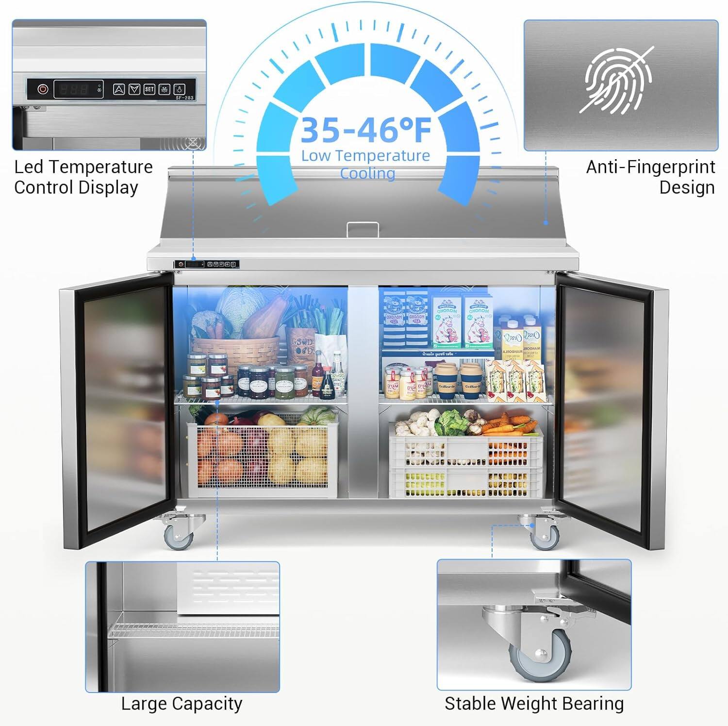 - Led Temperature Control Display
- 35-46°F Low Temperature Cooling
- Anti-Fingerprint Design
- Large Capacity
- Stable Weight Bearing