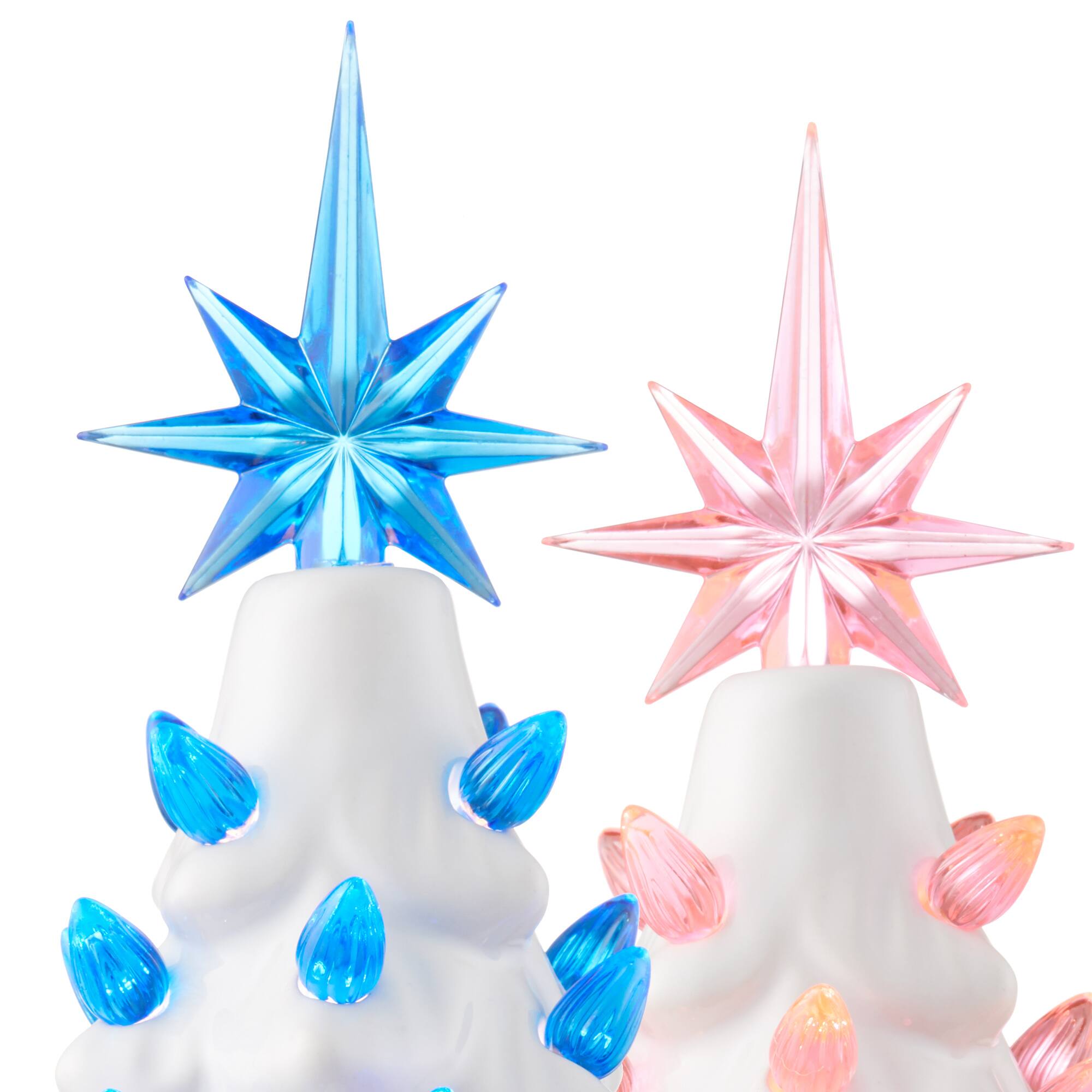 Alt View 5. Casafield - 12-in Hand Painted Ceramic Christmas Tree - Pre-Lit Tree with Star - White w/ Pink Blue Lights.