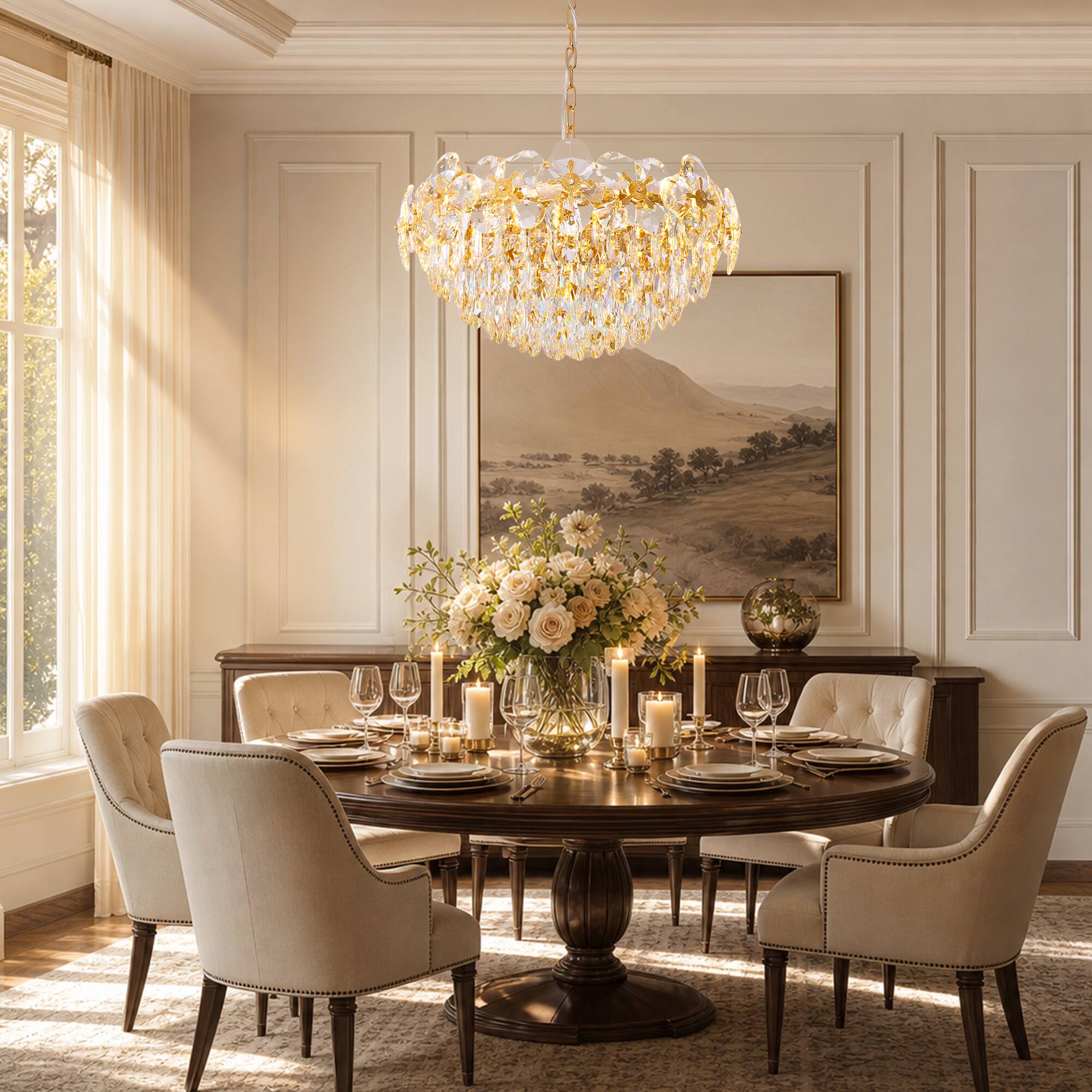 Alt View 1. Siljoy - 24 Inch Round Luxury Crystal Chandelier, Modern Gold 4-Leaf Floral Pendant Light for Kitchen Living Room  Foyer - Rose Gold.