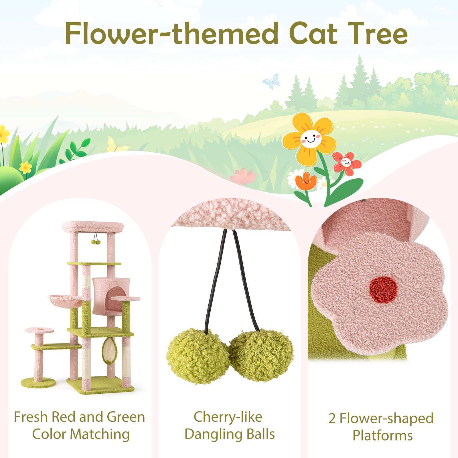 Flower-themed Cat Tree

- Fresh Red and Green Color Matching
- Cherry-like Dangling Balls
- 2 Flower-shaped Platforms
