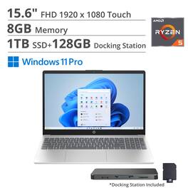 HP - 15.6" FHD Touch Laptop,AMD Ryzen 5 7520U,Intel UHD Graphics,8GB RAM,1TB SSD+160GB Docking Station,Win 11 Pro - Silver