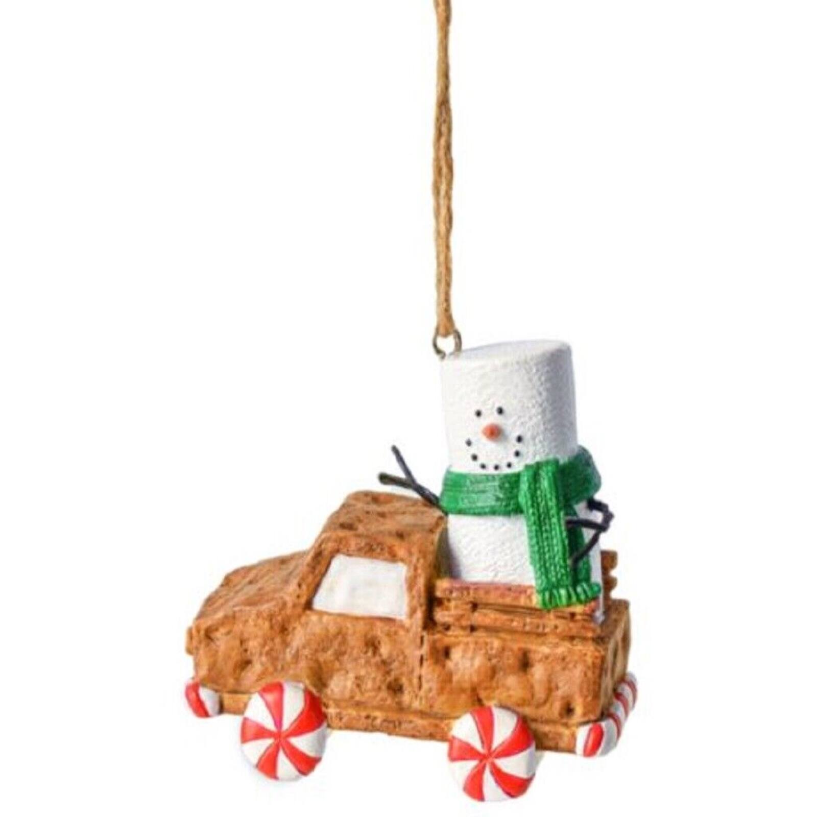Front. Ganz - Ganz Smores Marshmallow Snowman Riding in Back of Graham Cracker Truck Christmas Ornament 3.3 inch - White.