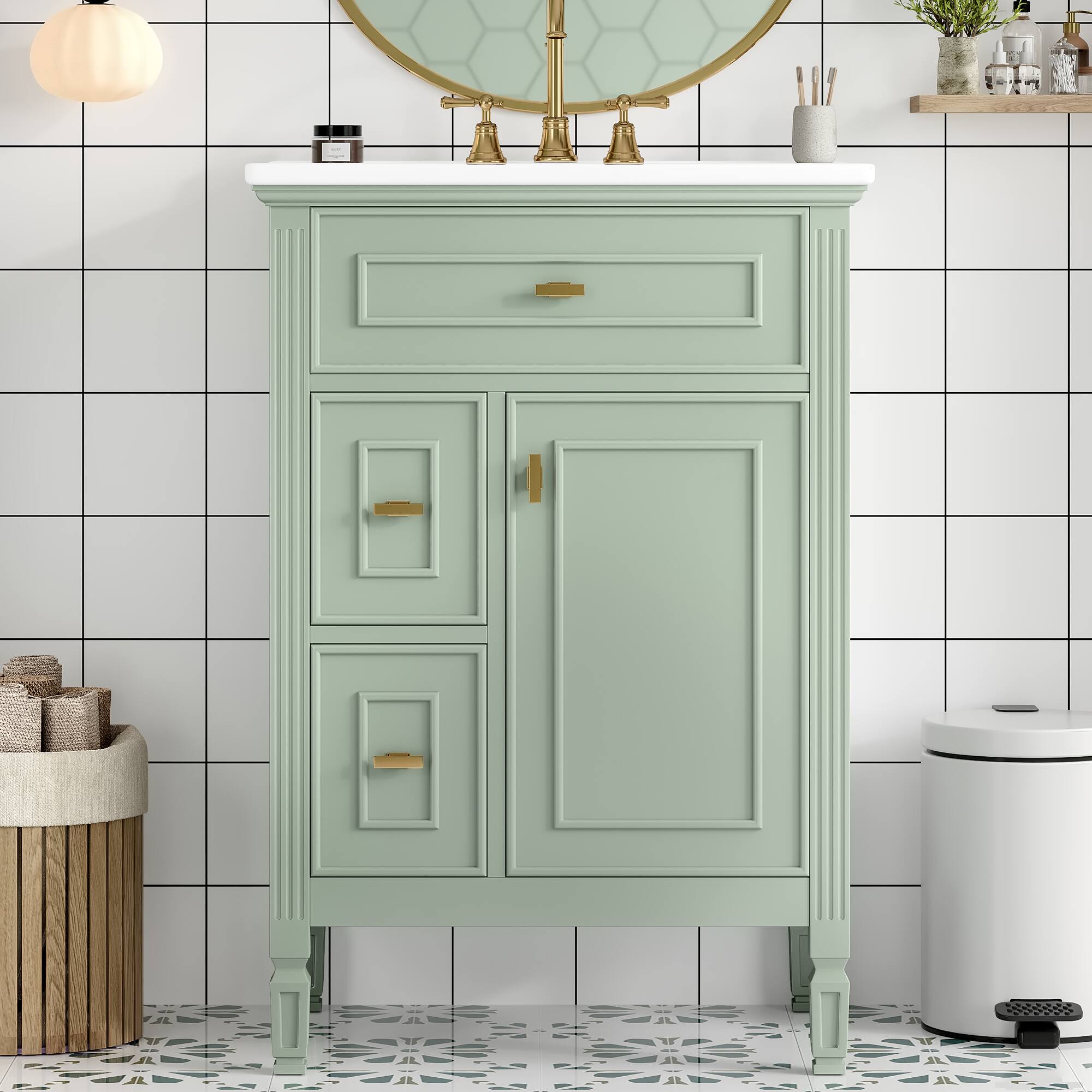 Angle. Whisen - 24-Inch Freestanding Bathroom Vanity with Ceramic Sink Combo and Adjustable Storage - Green.