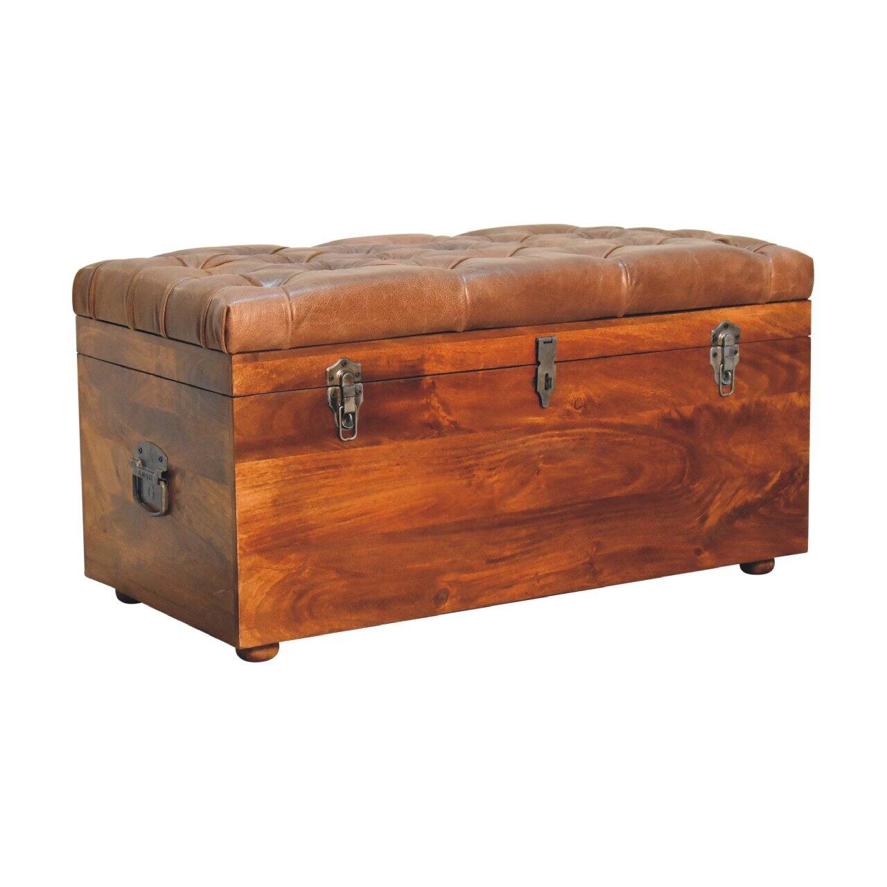 Back. Artisan Furniture - Artisan Furniture Solid Wood Buffalo Hide Chestnut Storage Trunk, Upholstered, Dark Brown - Dark Brown.