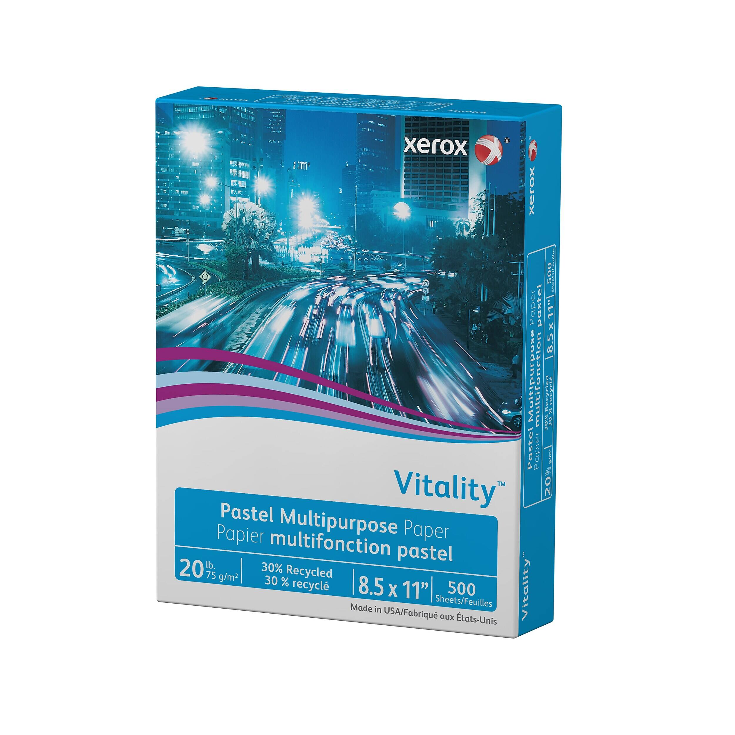 Xerox Vitality Pastel Multipurpose Paper  
20 lb. 75 g/m²  
30% Recycled  
8.5 x 11" Sheets  
500 Sheets  
Made in USA