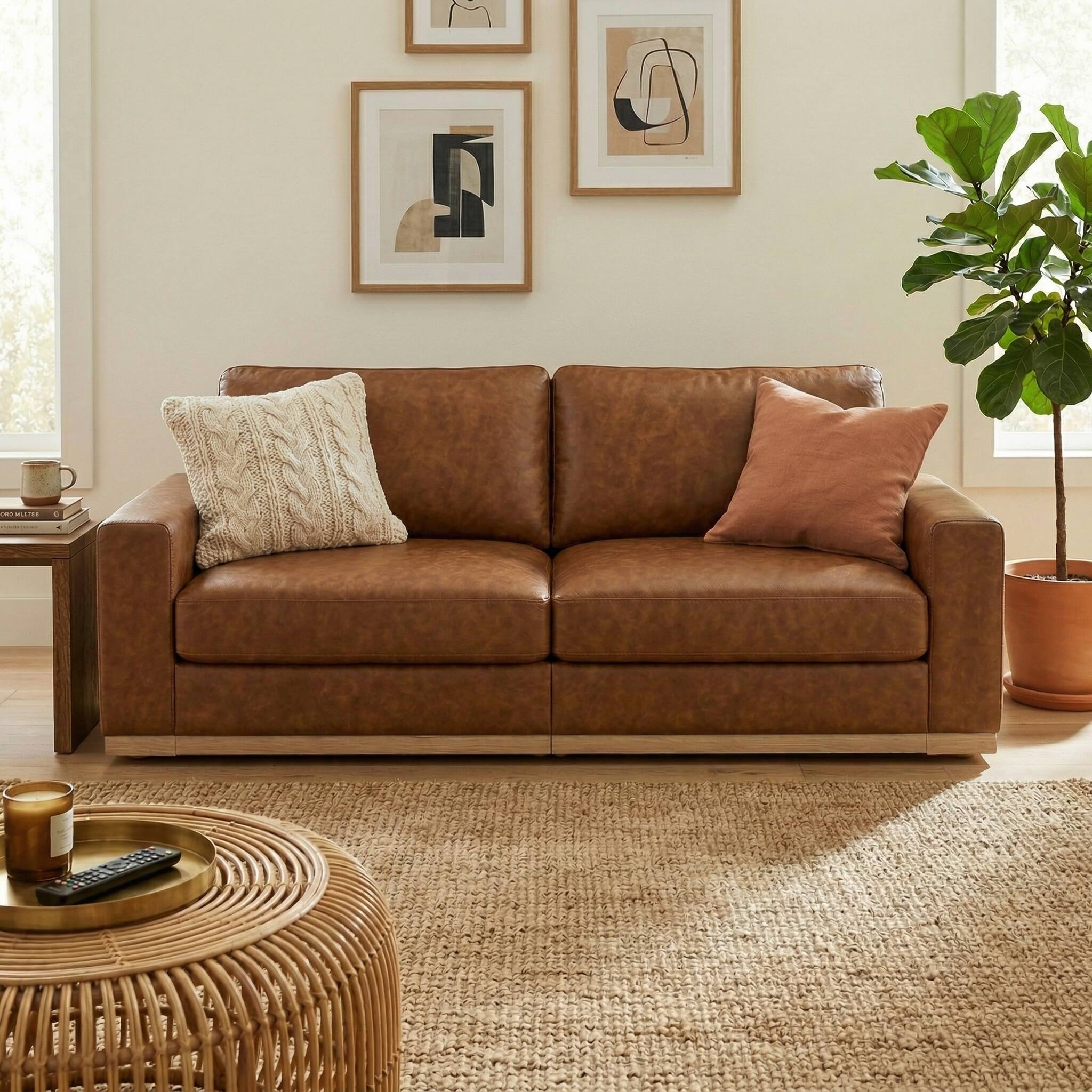 Alt View 1. Dyonery - Dyonery 86" Modern Single Sofa ,Deep Seat Modular Couch,Solid Wood Frame,Spring Cushions,Easy Assembly,Green,PU Brown - Brown Faux Leather.