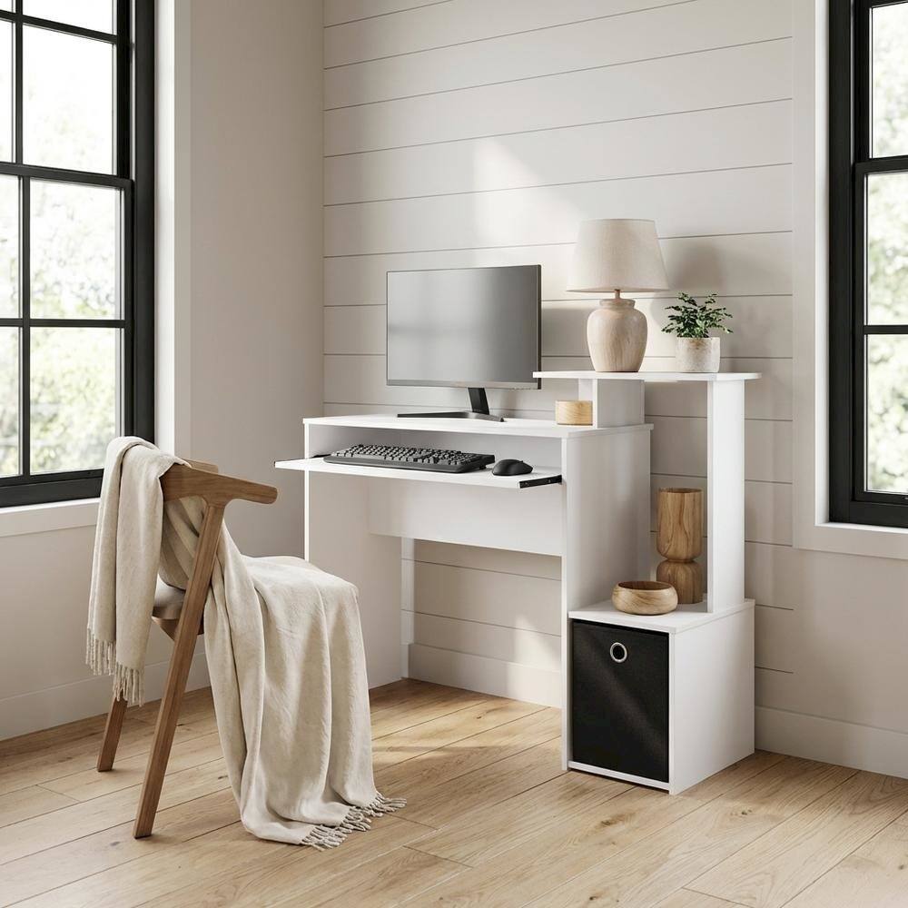 Left. BisonOffice - White gaming desk with keyboard tray, side shelves,, storage bin for home office - White.