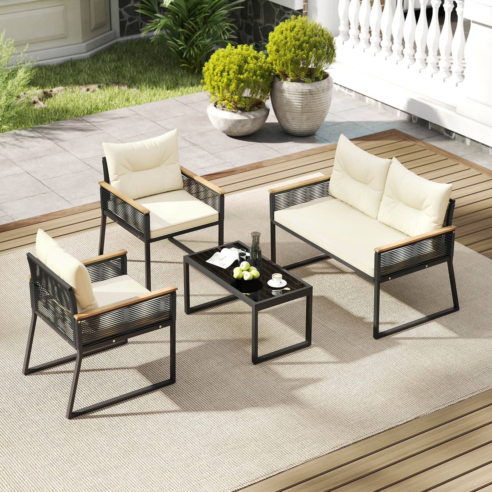 Alt View 3. Costway - Costway 8 PCS Patio Furniture Set with Tempered Glass Coffee Table PE Wicker Rattan Chairs - Black,Off White.