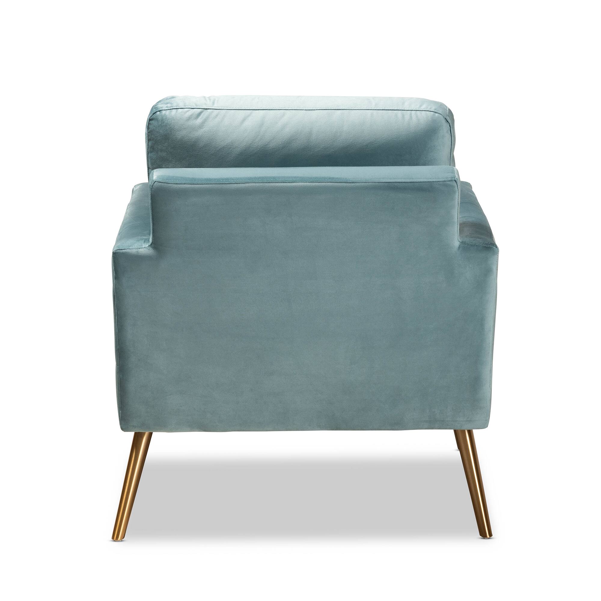 Back. Baxton Studio - Leland Glam and Luxe Velvet Fabric Upholstered and Gold Finished Armchair - Light Blue/Gold.