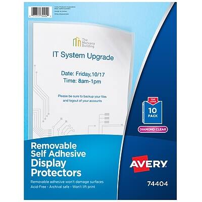 The Morvana Building IT System Upgrade  
Date: Friday, 10/17  
Time: 8am-1pm  
Please be sure to backup your files and logout of your accounts  

401 LOAD  
10 PACK  
DIAMOND CLEAR  
Removable Self Adhesive Display Protectors  
Removable adhesive won't damage surfaces  
Acid-Free - Archival safe - Won't lift print  

AVERY. 74404