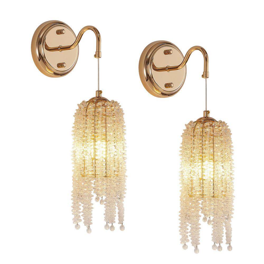 Angle. Kadyn - Set of 2 Gold Frame and Cascading Crystal Bead String Wall Sconces, E12 Bulb Socket, Elegant Hanging Light Fixture, Gold - Gold.