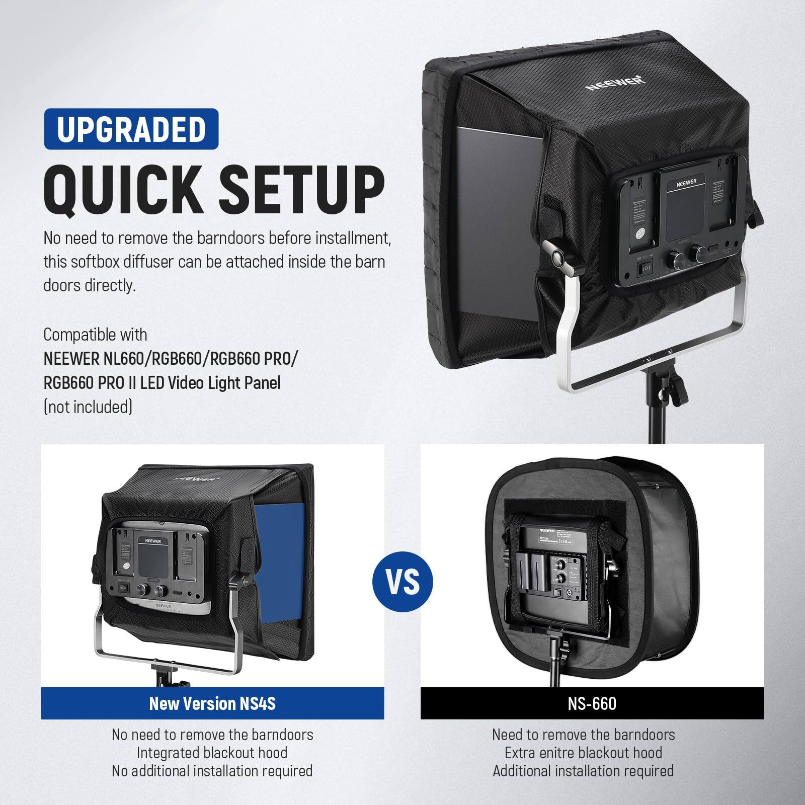 **UPGRADED QUICK SETUP**

No need to remove the barn doors before installation, this softbox diffuser can be attached inside the barn doors directly.

Compatible with  
NEEWER NL660/RGB660/RGB660 PRO/ RGB660 PRO II LED Video Light Panel (not included)

**New Version NS4S**  
No need to remove the barn doors  
Integrated blackout hood  
No additional installation required

**VS**

**NS-660**  
Need to remove the barn doors  
Extra entire blackout hood  
Additional installation required