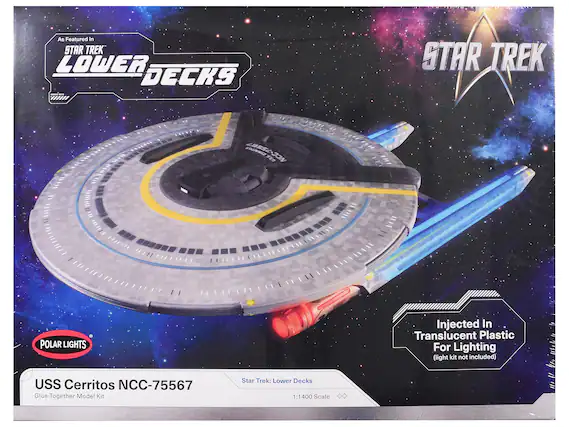 As Featured in STAR TREK LOWER DECKS
STAR TREK
POLAR LIGHTS
USS Cerritos NCC-75567
Glue-Together Model Kit
Star Trek: Lower Decks
1:1400 Scale
Injected In Translucent Plastic For Lighting (light kit not included)