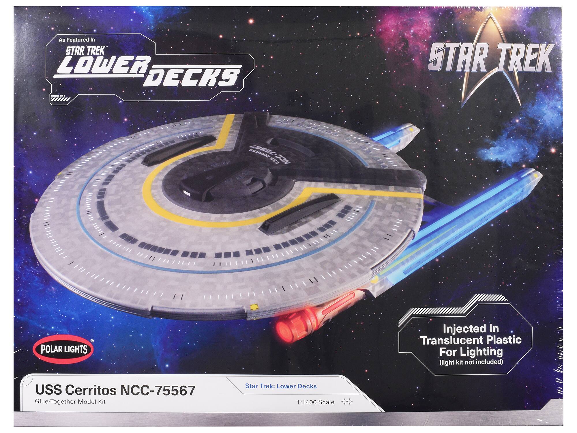 As Featured in STAR TREK LOWER DECKS

STAR TREK

POLAR LIGHTS

USS Cerritos NCC-75567
Glue-Together Model Kit

Star Trek: Lower Decks
1:1400 Scale

Injected In Translucent Plastic For Lighting (light kit not included)