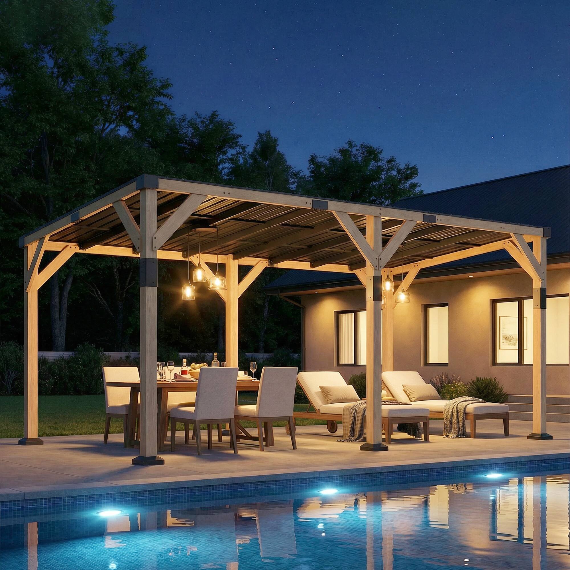 Alt View 8. Outsunny - x 20' Wooden Gazebo, Hardtop Lean-to Gazebo Pergola with Galvanized Steel Sloped Roof.