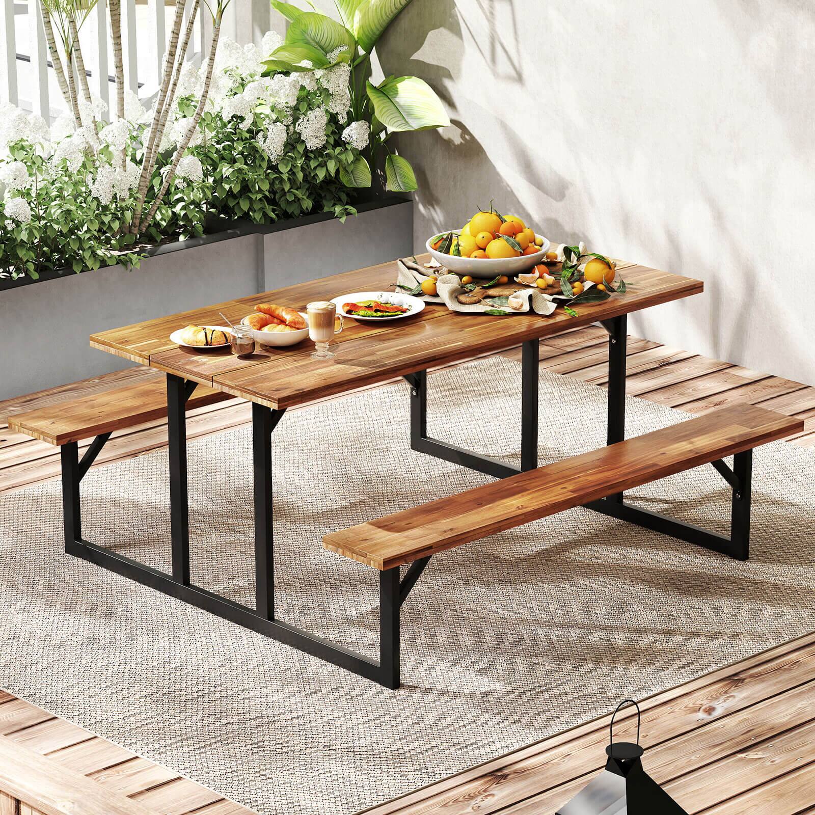 Alt View 1. Costway - Costway 6-Person Acacia Wood Picnic Table with 2 Built-In Benches Umbrella Hole Metal Frame - Brown,Black.