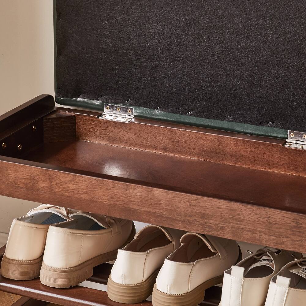 Alt View 9. Loheer - Loheer Wood Shoe Storage Bench with Vegan Leather Seat, 39.37 Inch Sturdy Shoe Rack Bench - Green and Brown.