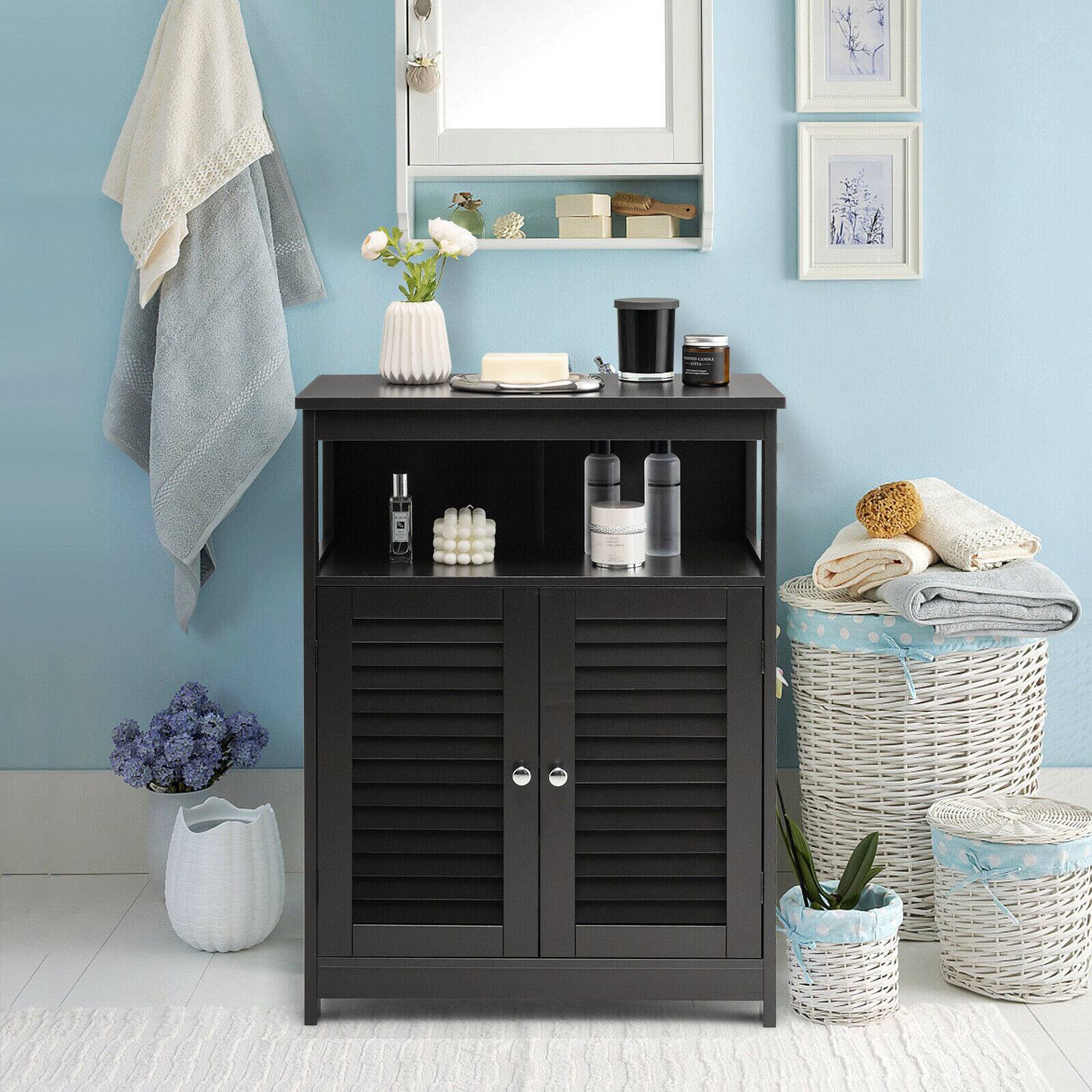 Alt View 8. Ecooso - Wood Freestanding Bathroom Storage Cabinet with Double Shutter Door - Black.