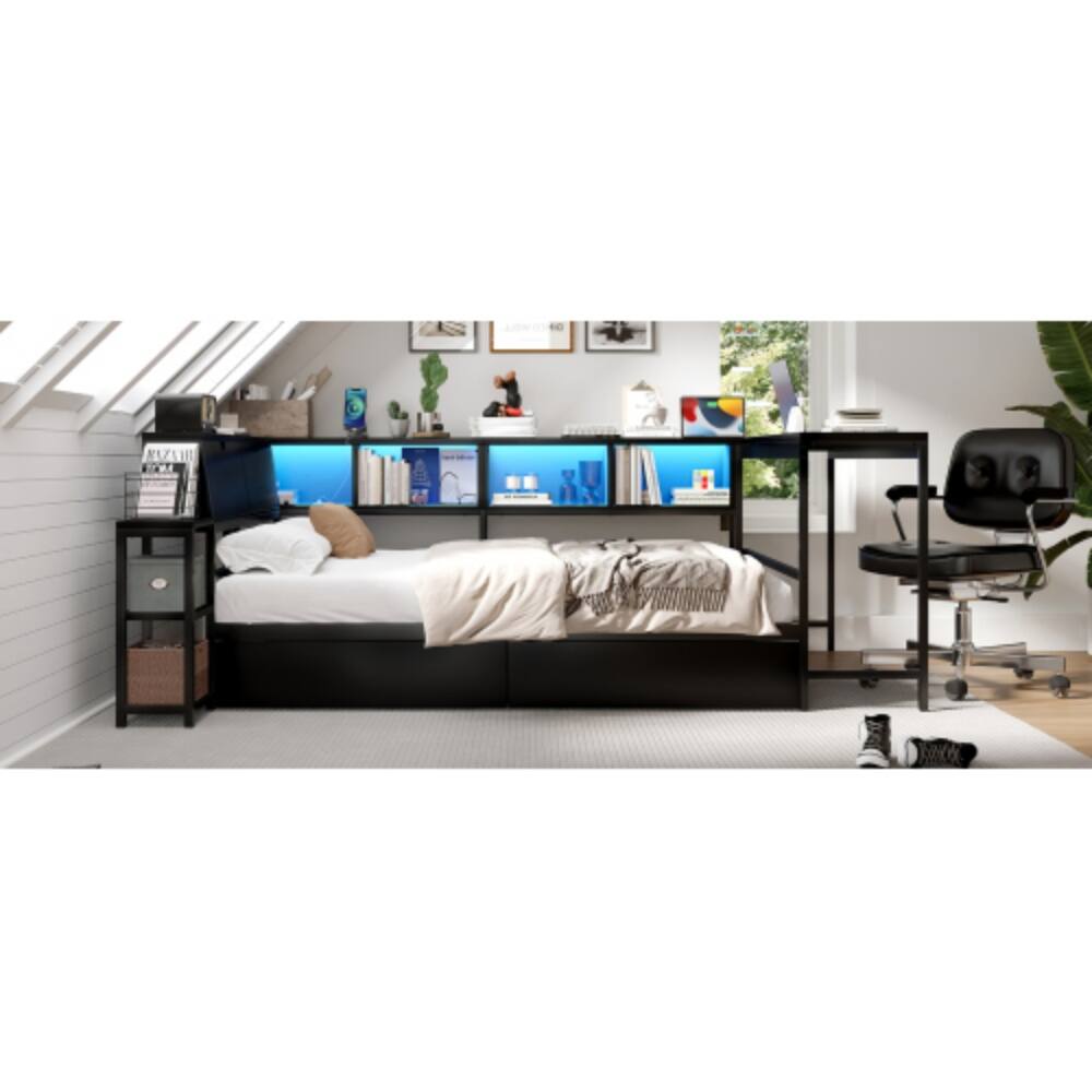 Alt View 2. LUCKY ONE - Full Size Corner Bed Frame with Bookcase, 2 Under-Bed Drawers, LED Lights, Charging Station, Left or Right Assembly - Black.