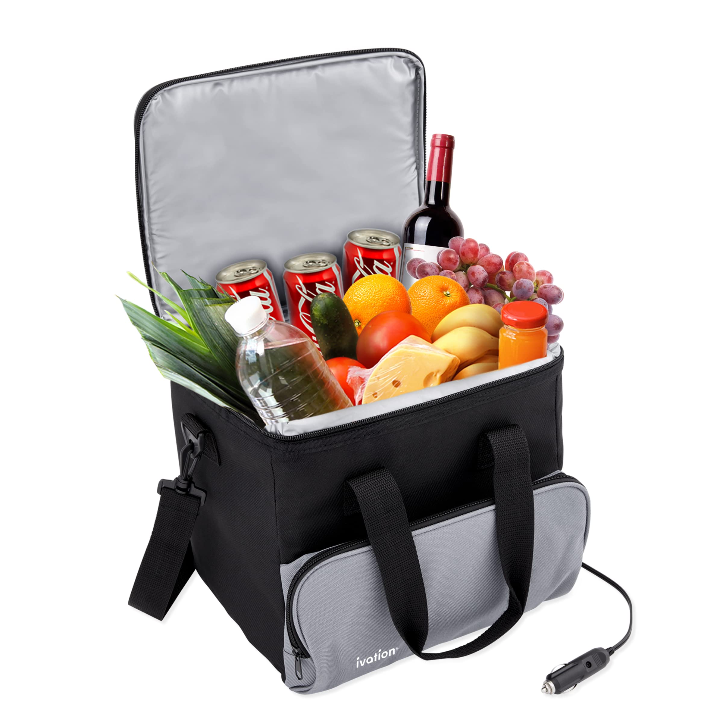 Ivation - Electric Cooler Bag, 15 L Portable Thermoelectric 12 Volt Cooler with Shoulder Strap - Black/Gray