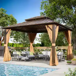 U-HOMY - Outdoor Hardtop Gazebo with Galvanized Steel Double Roof, Aluminum Frame, Curtains and Netting - 10'x12'