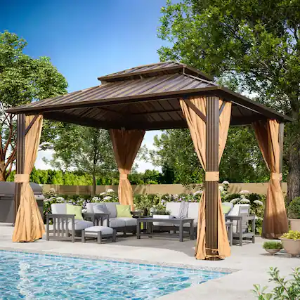 Front. U-HOMY - Outdoor Hardtop Gazebo with Galvanized Steel Double Roof, Aluminum Frame, Curtains and Netting - 10'x12'.